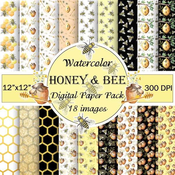 Honey paper, bee digital paper, honeybee pattern, honeycomb paper, honey bee digital paper, honey background