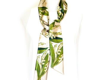 Lily-of-the-Valley on Cream Satin Skinny Scarf, Floral Print