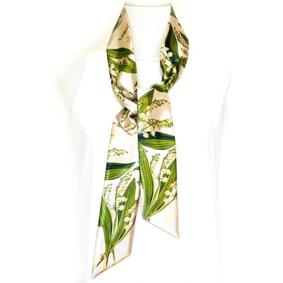 Lily-of-the-Valley on Cream Satin Skinny Scarf, Floral Print