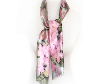 Pink Hydrangea Satin Skinny Scarf: Floral Neck, Hair Accessory or Purse Scarf
