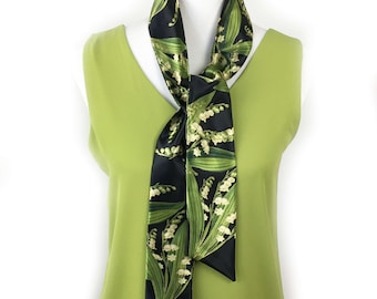 Lily-of-the-Valley Skinny Scarf on Black, Floral Satin Scarf or Purse Tie
