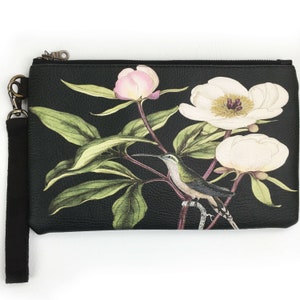 Vegan Leather Wristlet,Clutch,Peony and Hummingbird Ladies handbag,Botanical handbag,Flower handbag,hand painted, botanical bag,madeinUSA