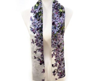 Pure Silk Violets Scarf,  Womans Scarf, Hair Scarf, Neck Scarf, Headband, Designer Scarf, 100% Pure Silk