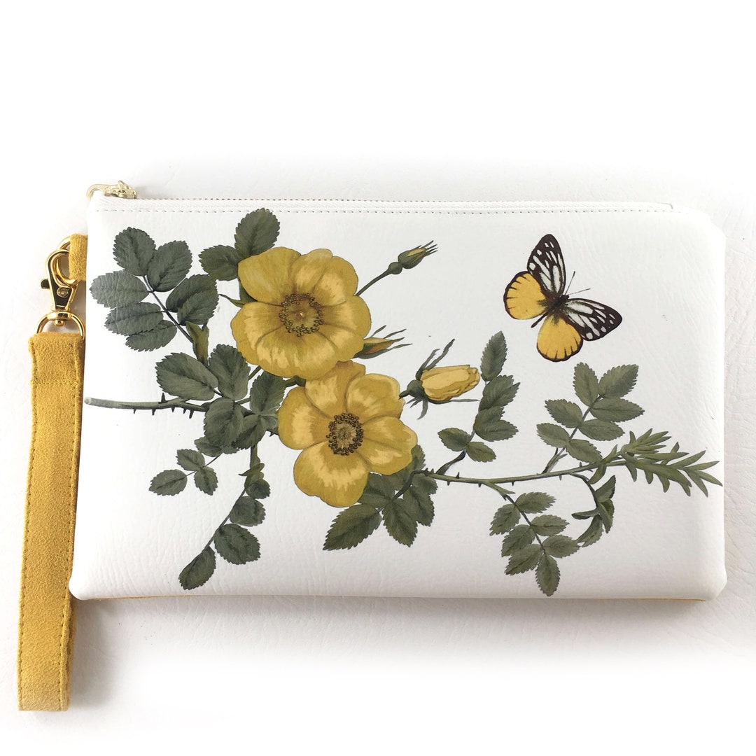 Wild Yellow Rose Vegan Leather Wristlet,clutch,ladies Handbag