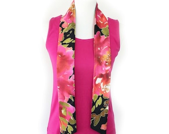 Petals Skinny Scarf,Woman Scarf, All season scarf, Lightweight Scarf,ladies scarf, artist scarf, floral scarf, satin scarf, Magenta