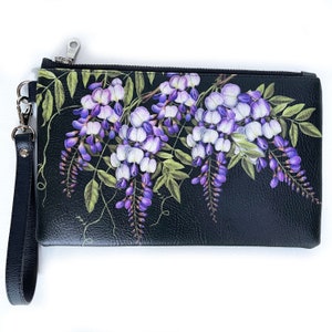 Vegan Lederen Polsbandje, Wisteria, Clutch, Dames handtas, Botanische handtas, Bloem handtas, handgeschilderde handtas, Bloemen tas, botanische, madeinUSA