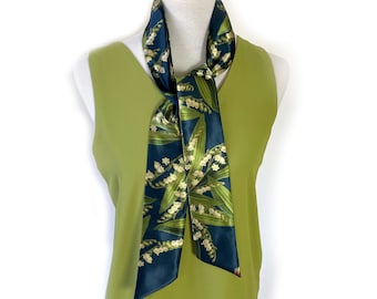 Navy Lily-of-the-Valley Skinny Scarf,Woman Scarf, All season scarf, Lightweight Scarf,ladies scarf, artist scarf, floral scarf, satin scarf