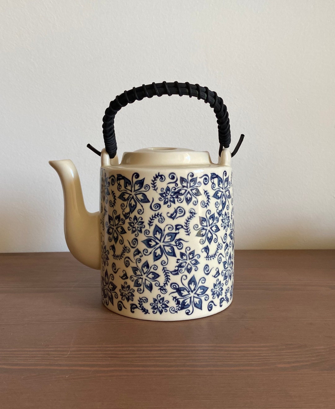 Floral Ceramic Teapot With Wood Handle Etsy