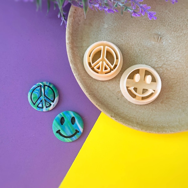 Retro Set Polymer Clay Cutters - 2 Piece Smiley and Peace Sign - Embossed Sharp Crafting Tool, Earring Making, DIY Jewelry, Cookie Cutter