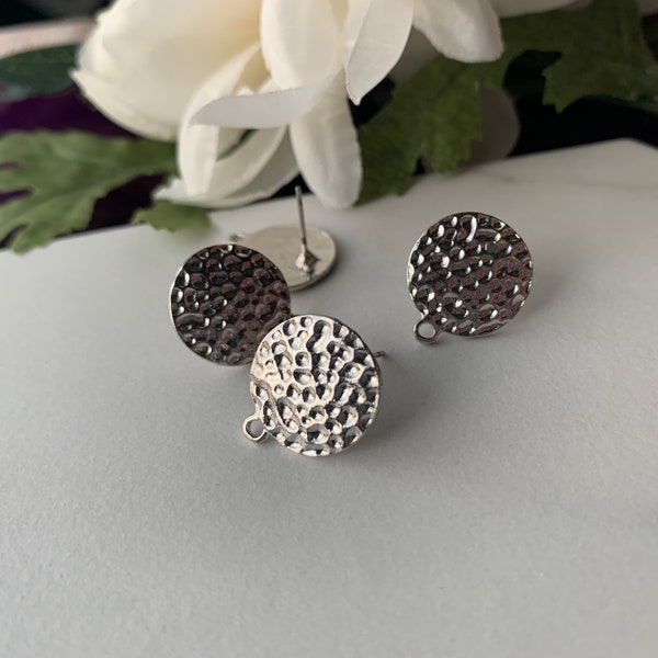 Silver Hammered Circle  STUD POST Connector for Earrings | Polymer Clay Jewelry Charms | Supplies | Stainless Steel Zinc Alloy | Wholesale