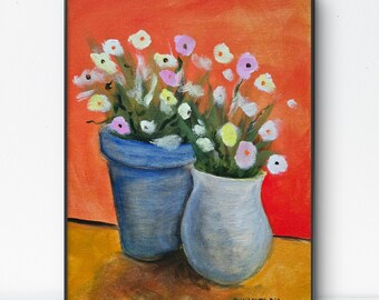 Two Pots - 11x14 Colorful Acrylic Flower Painting on Canvas Signed Original