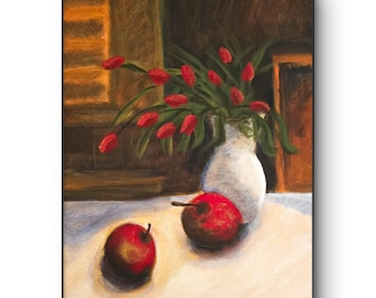 Two Red Apples - 11x14 Colorful Acrylic Apples and Flower Painting on Canvas Signed Original