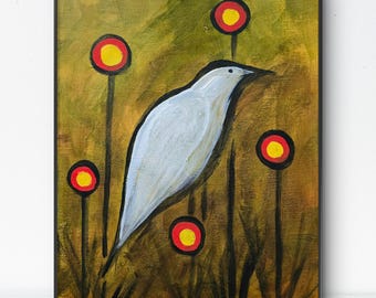 White Bird - 11x14 Colorful Acrylic Bird Painting on Canvas Signed Original