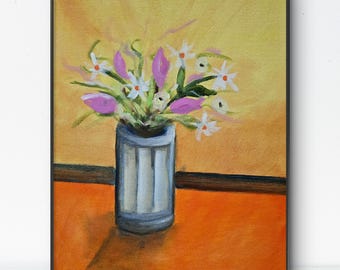 White Vase - 11x14 Colorful Acrylic Flower Painting on Canvas Signed Original