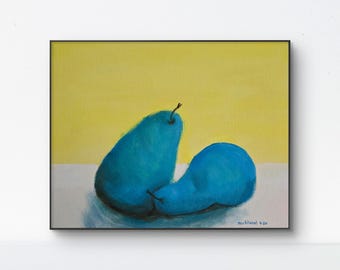 Two Blue Pears - 11x14 Colorful Acrylic Pear Painting on Canvas Signed Original