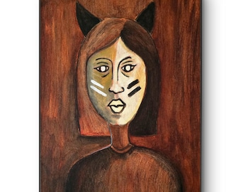 Cat Girl - 11x14 Colorful Acrylic Portrait Painting on Canvas Signed