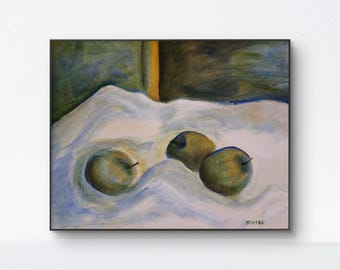 Three Apples - 11x14 Colorful Acrylic Still Life Painting on Canvas Signed Original