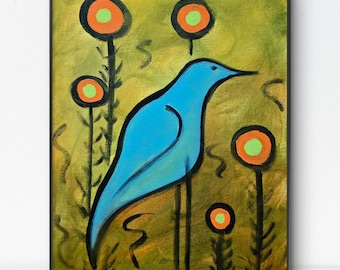 Blue Bird - 11x14 Colorful Acrylic Bird Painting on Canvas Signed Original