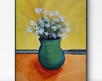 Green Pot - 11x14 Colorful Acrylic Flower Painting on Canvas Signed Original