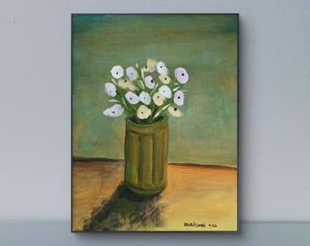 Green Vase - 11x14 Colorful Acrylic Flower Painting on Canvas Signed Original