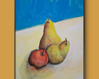 Three Fruit - 11x14 Colorful Acrylic Pear Painting on Canvas Signed Original