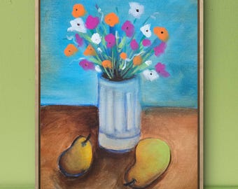 Flowers and Pears - 11x14 Colorful Acrylic Pear Painting on Canvas Signed Original