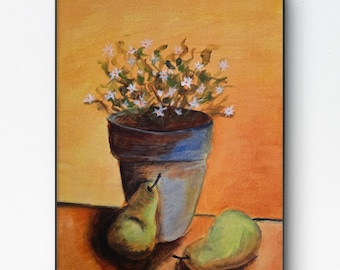 Blue Planter - 11x14 Colorful Acrylic Flower Painting on Canvas Signed Original