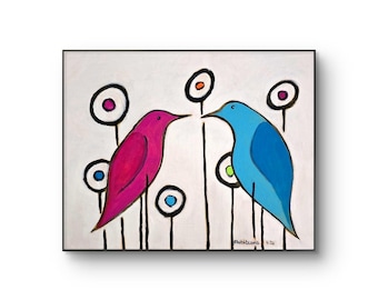 Two Birds - 11x14 Colorful Acrylic Bird Painting on Canvas Signed Original
