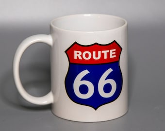 Taza de 12 onzas roja, blanca y azul de la Ruta 66