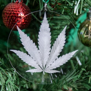 May include: A clear glass Christmas ornament with a white marijuana leaf design hanging on a green Christmas tree.