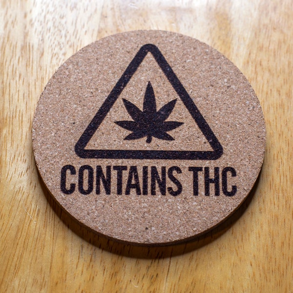 Marijuana Leaf, Contains THC, Cork Drink Coaster