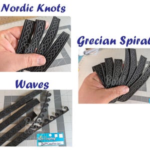 May include: Three sets of black flexible trim strips featuring embossed patterns labeled Nordic Knots, Grecian Spiral, and Waves. The strips have a raised texture and are shown in bundles or laid flat, displaying repeating geometric designs.