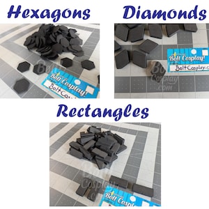 May include: A collection of black foam shapes categorized as hexagons, diamonds, and rectangles. Each group is displayed with a blue Bolt Cosplay label. The shapes are arranged on a gray grid cutting mat, showing multiple small pieces for crafting.