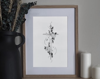 Floral Sword Art Print | Floral Print | Fine Line Art | Wall Art | Fantasy Art Print | Sword Illustration | Wall Decor | Floral Art