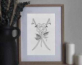 Crossed Sword Art Print | Floral Print | Fine Line Art | Wall Art | Wall Decor | Sword Illustration | Floral Art Print | Fine Line Art