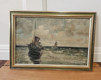 油絵 絵画 額縁 インテリア アンティーク 船 Vintage original painting fishing boat Frank and hospital church