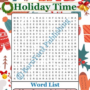 Holiday Time Word Search Printable Puzzle | Digital Activity for Kids Teachers and Adults 1 Puzzle and 1 Answer