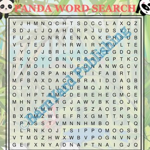 May include: A panda-themed word search puzzle with a grid of letters and a list of words to find. The words include "Bamboo," "Cub," and "Giant panda." The title "Panda Word Search" is at the top, with panda illustrations.
