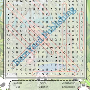 May include: A colorful word search puzzle with the word "SOLUTION" at the top. The puzzle features a panda theme with words like "bamboo" and "pandas" to find. The solution is highlighted in red. A fun activity for kids.
