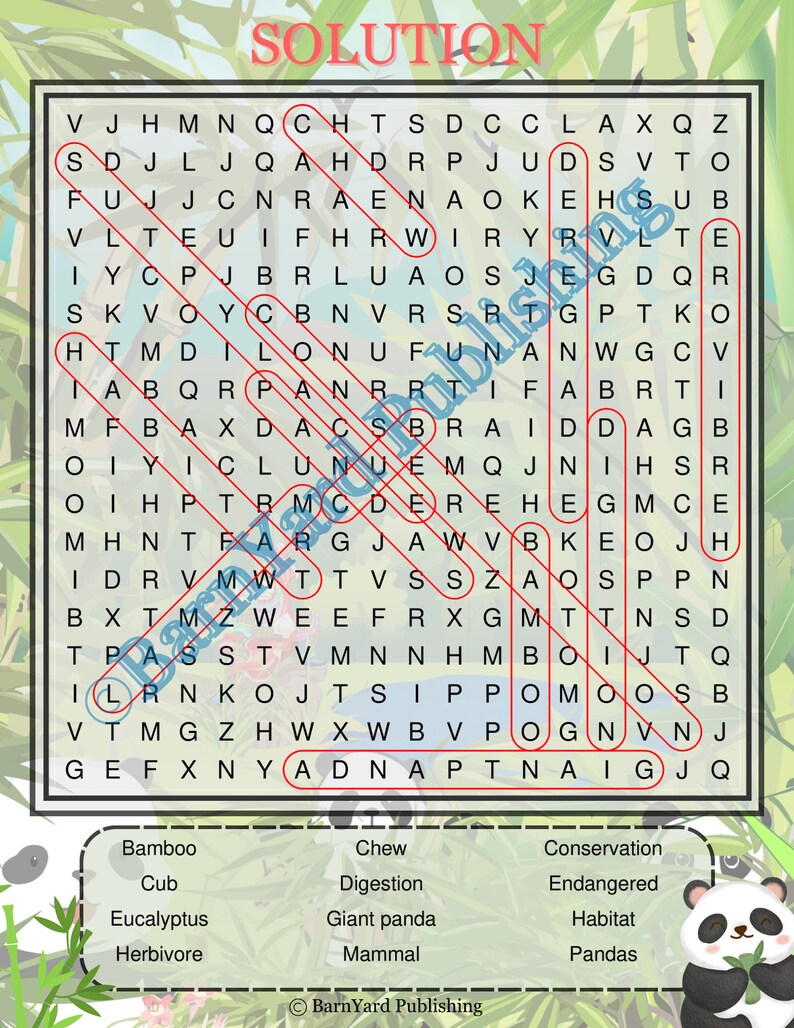 May include: A colorful word search puzzle with the word "SOLUTION" at the top. The puzzle features a panda theme with words like "bamboo" and "pandas" to find. The solution is highlighted in red. A fun activity for kids.