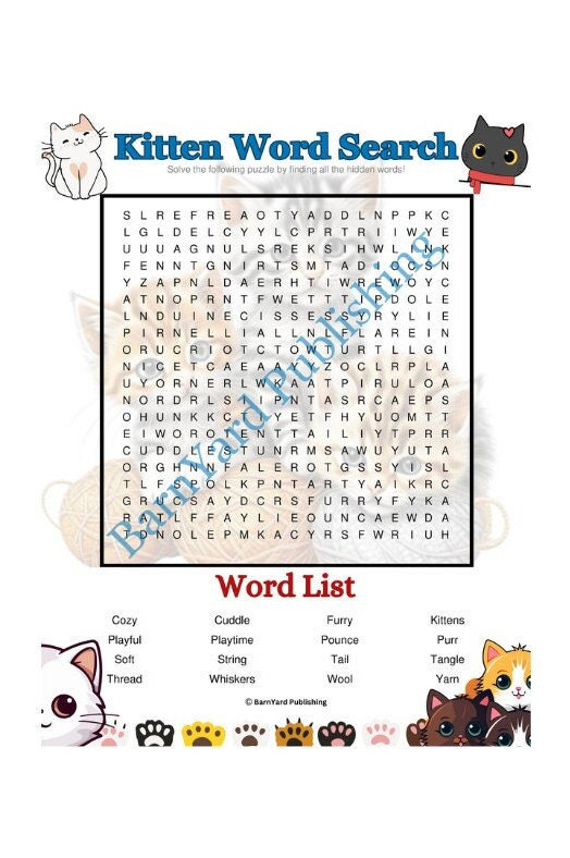 Kitten Word Search Printable Puzzle Digital Activity for Kids Teachers