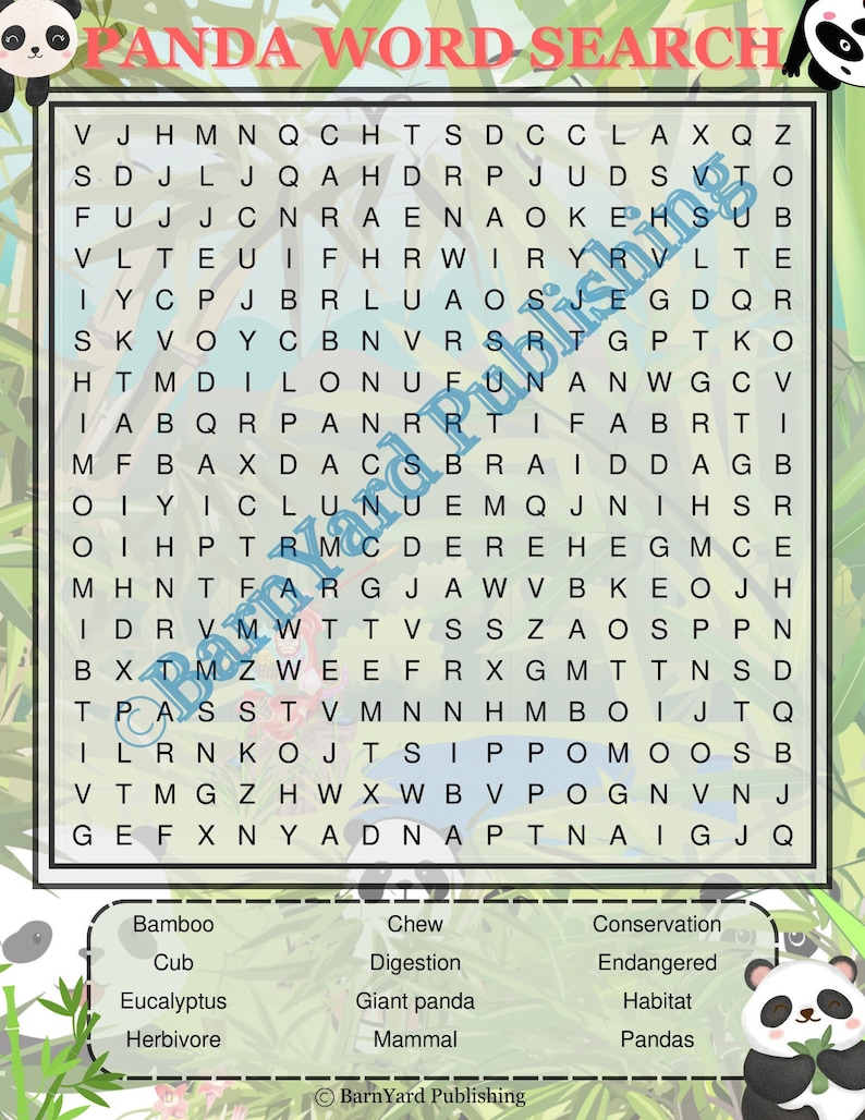 May include: A panda-themed word search puzzle with a grid of letters and a list of words to find. The words include "Bamboo," "Cub," and "Giant panda." The title "Panda Word Search" is at the top, with panda illustrations.