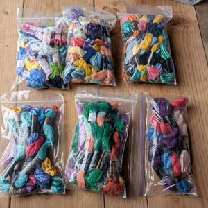May include: Five clear plastic resealable bags filled with assorted embroidery floss skeins in a wide variety of colors including blue, green, yellow, pink, purple, orange, and white. Each skein features a paper label with brand text.