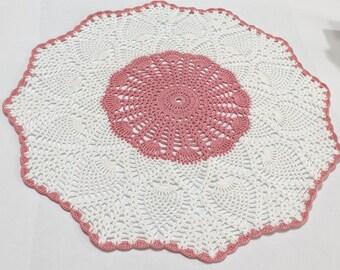 Round Pineapple Doily White and Pink with Pink Edge Pineapple