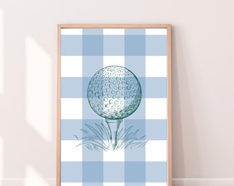 Golf Ball Print, Blue Gingham, Boy Nursery Decor (Digital Download)