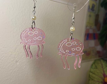 Sparkly Pink SB Jellyfish Earrings Hypoallergenic Handmade