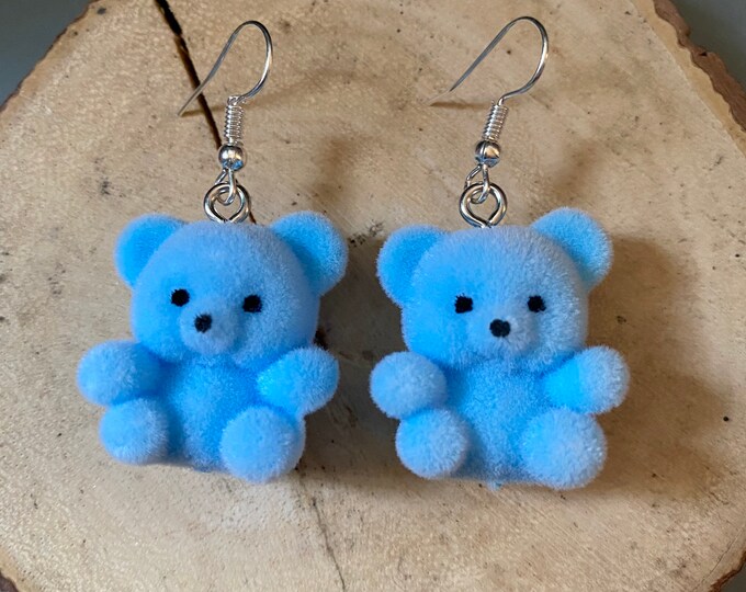 Fuzzy Blue Teddy Bear Earrings Bear Earrings Pastel Flocked Etsy