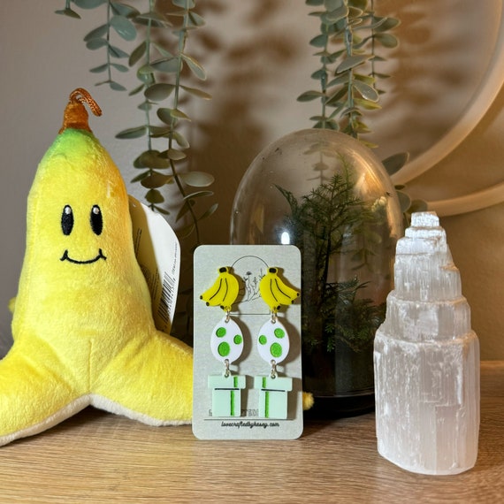 Dangly Mario Video Game Banana Yoshi Egg Pipe Stud Earrings Handmade Hypoallergenic Lightweight
