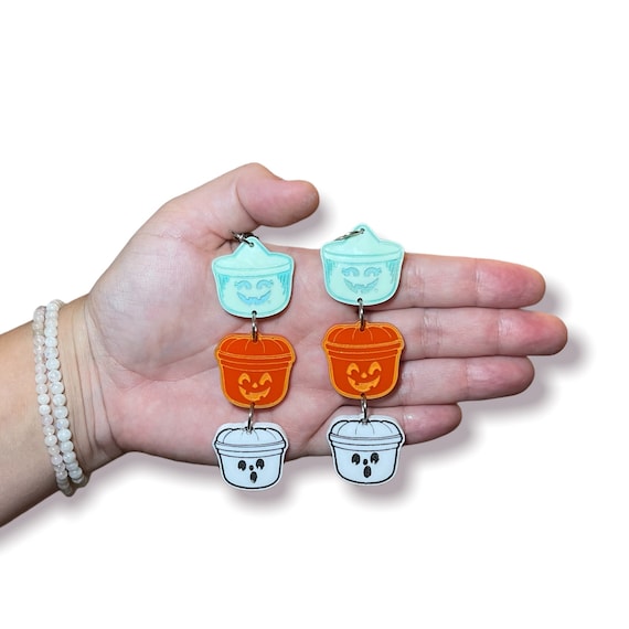 Dangly Candy Halloween Pumpkin Pale Treat Bucket Earrings McPumpkin Mcboo Mcgoblin Mcwitch Boo Buckets Handmade Hypoallergenic