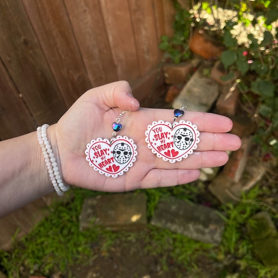 Jason Friday the 13th You Slay my Heart Valentine Earrings Handmade Hypoallergenic Laser Engraved